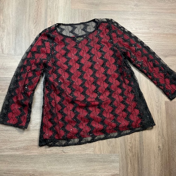 Vintage Bob Mackie Wearable Art Top Womens Large Red Black Sheer Sequin Holiday - Picture 1 of 10